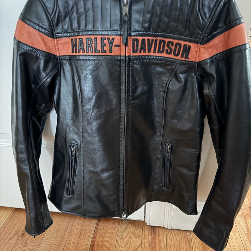 Harley-Davidson Black and Orange Leather Bomber Jacket
